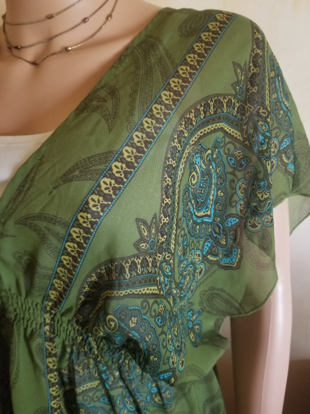 APT-9 V-NECK WRAP SHEER GREEN SHORT SLEEVE BLOUSE SZ M